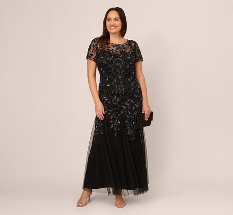 Plus Size Hand Beaded Short Sleeve Floral Godet Gown In Black Gunmetal