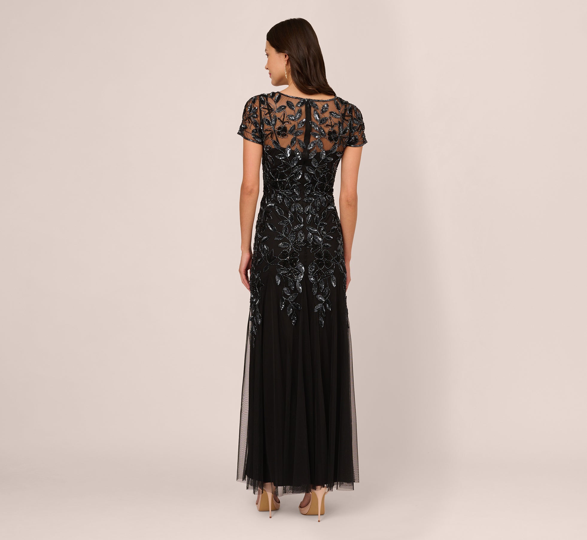 Hand Beaded Short Sleeve Floral Godet Gown In Black Gunmetal