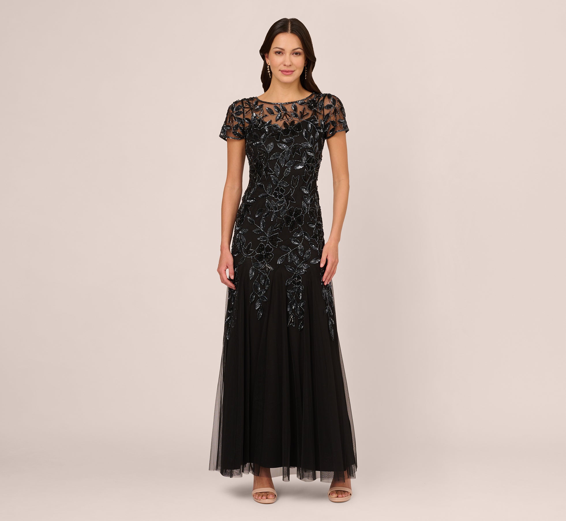 Hand Beaded Short Sleeve Floral Godet Gown In Black Gunmetal 1