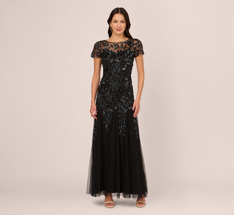 Hand Beaded Short Sleeve Floral Godet Gown In Black Gunmetal