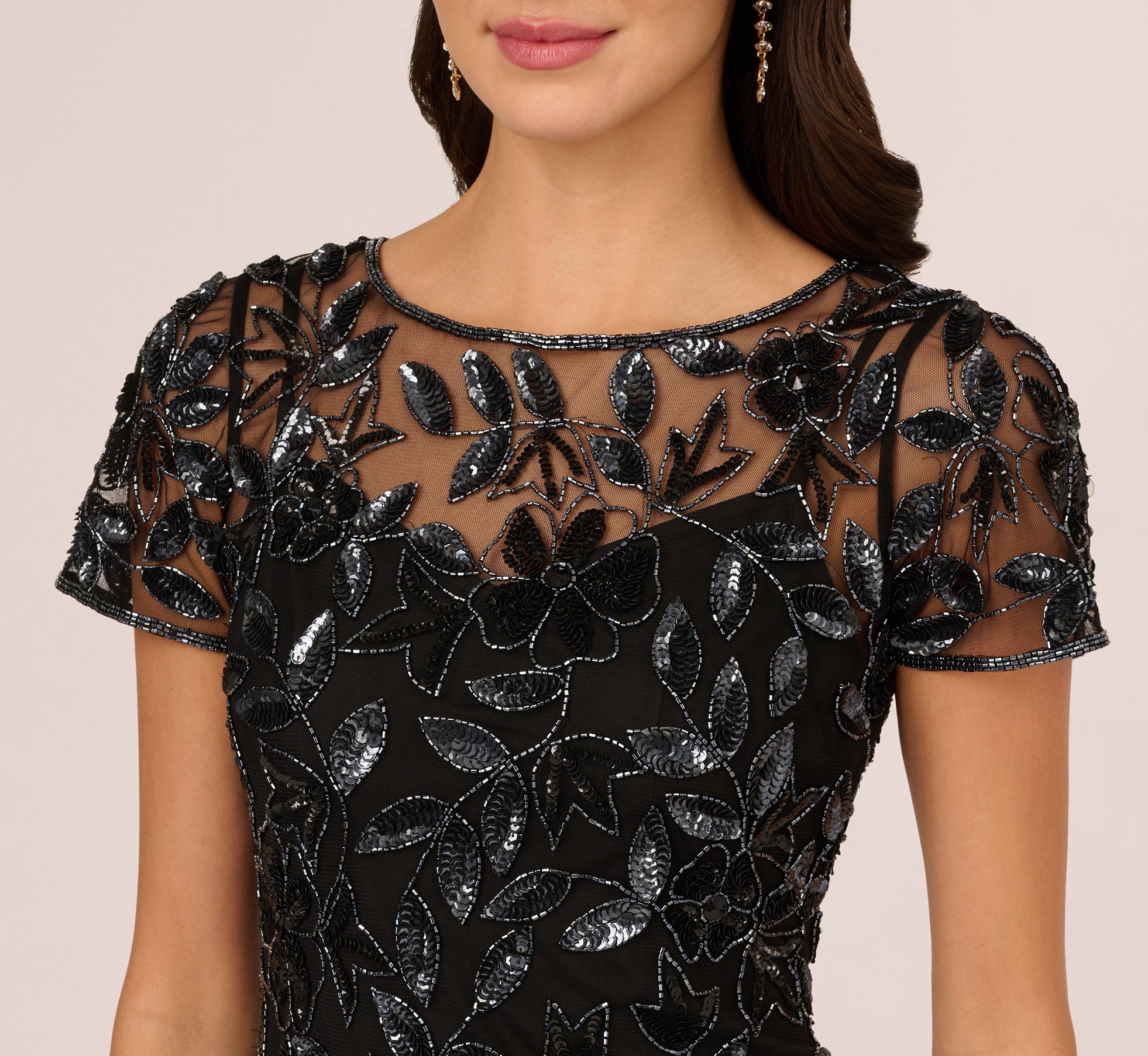 Hand Beaded Short Sleeve Floral Godet Gown In Black Gunmetal