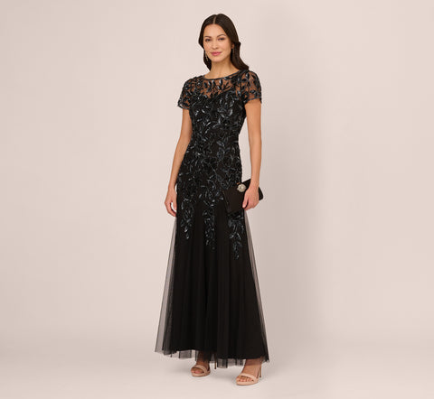 Hand Beaded Short Sleeve Floral Godet Gown In Black Gunmetal