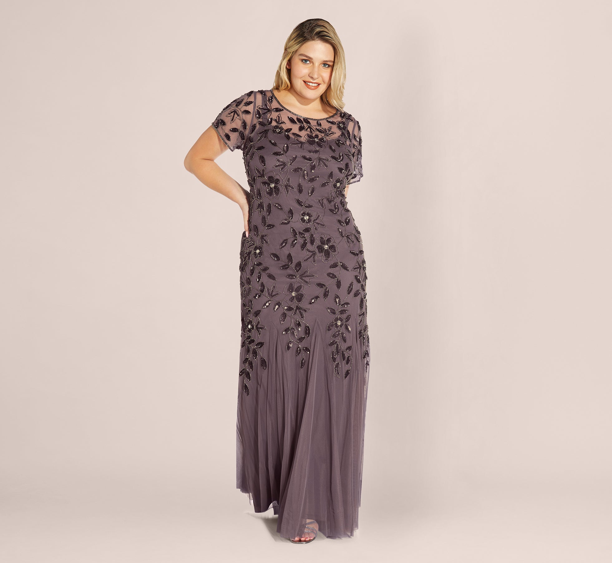 Plus Size Hand Beaded Short Sleeve Floral Godet Gown In Moonscape