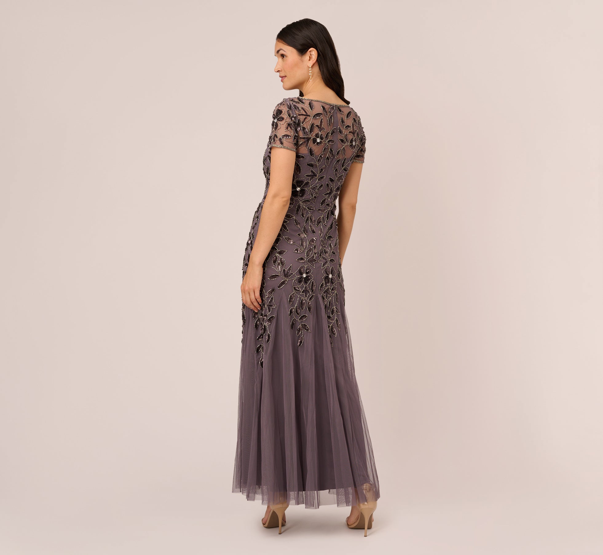 Hand Beaded Short Sleeve Floral Godet Gown In Moonscape