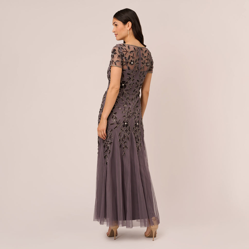 Hand Beaded Short Sleeve Floral Godet Gown In Moonscape | Adrianna Papell