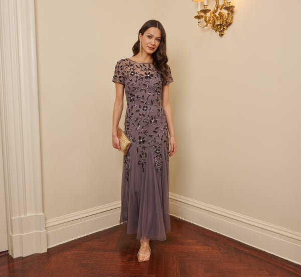 Hand Beaded Short Sleeve Floral Godet Gown In Moonscape Adrianna