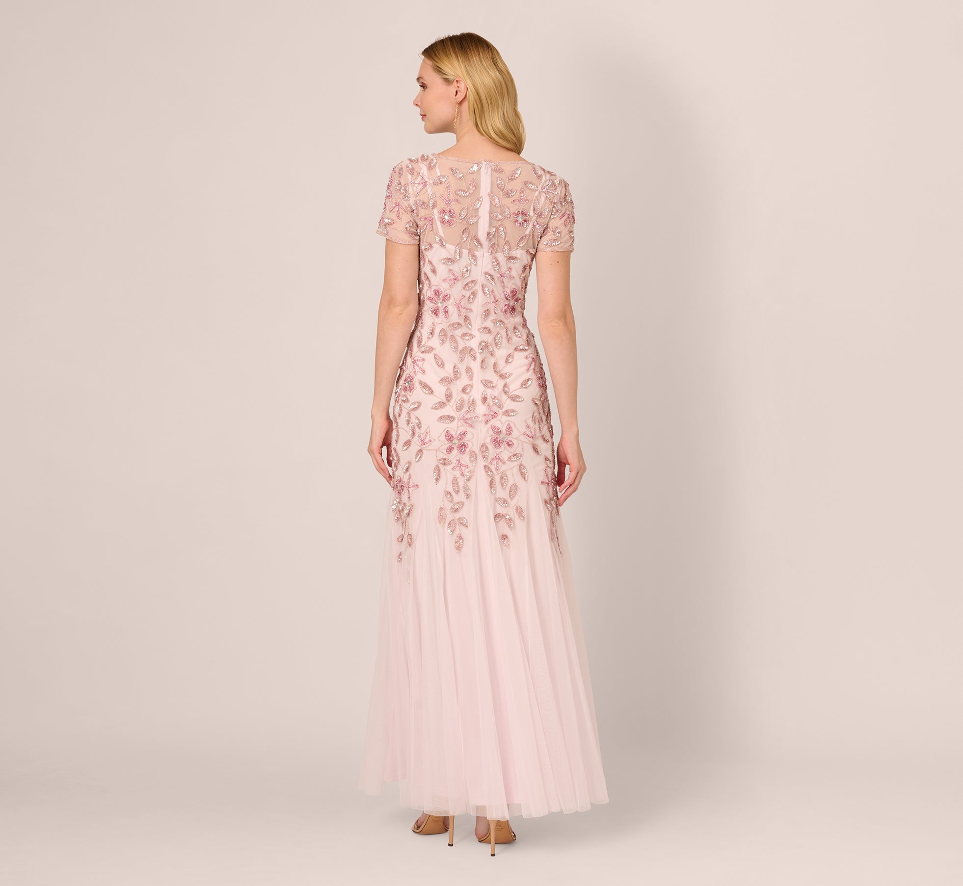 Floral beaded godet outlet gown with short sleeves