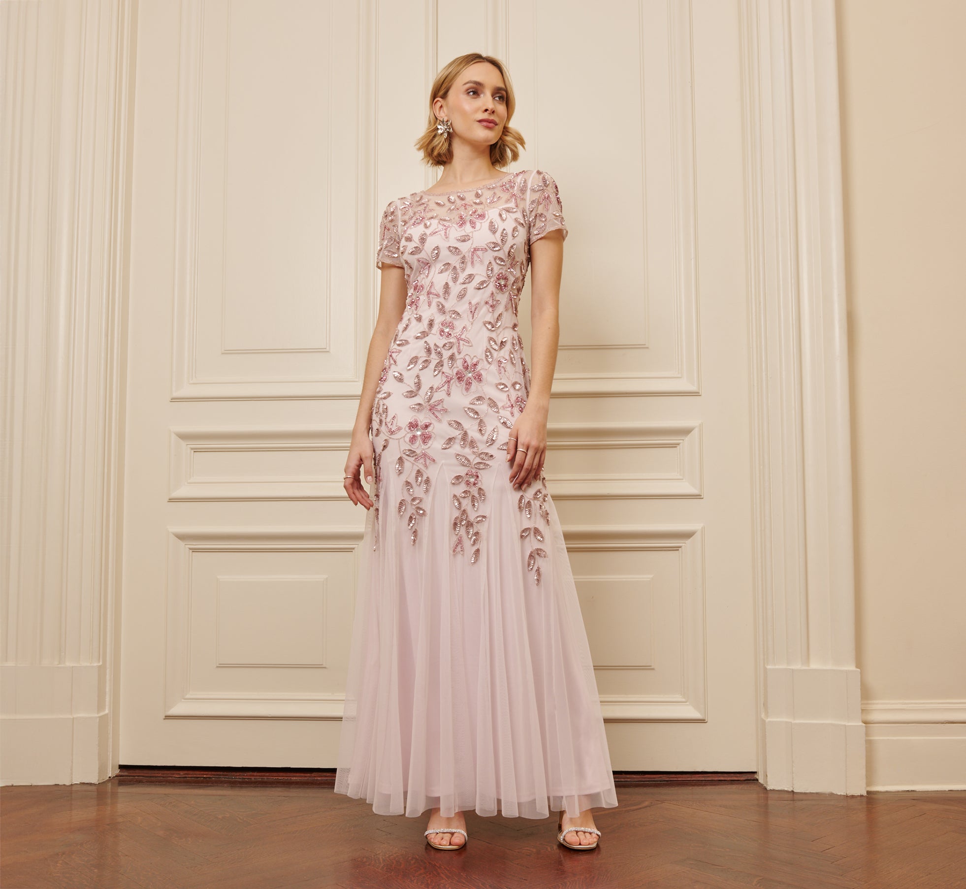 Hand Beaded Short Sleeve Floral Godet Gown In Blush Pink