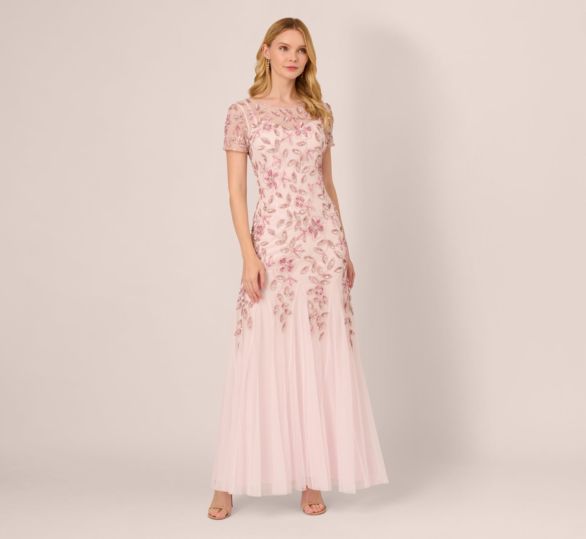 Hand Beaded Short Sleeve Floral Godet Gown In Blush Pink