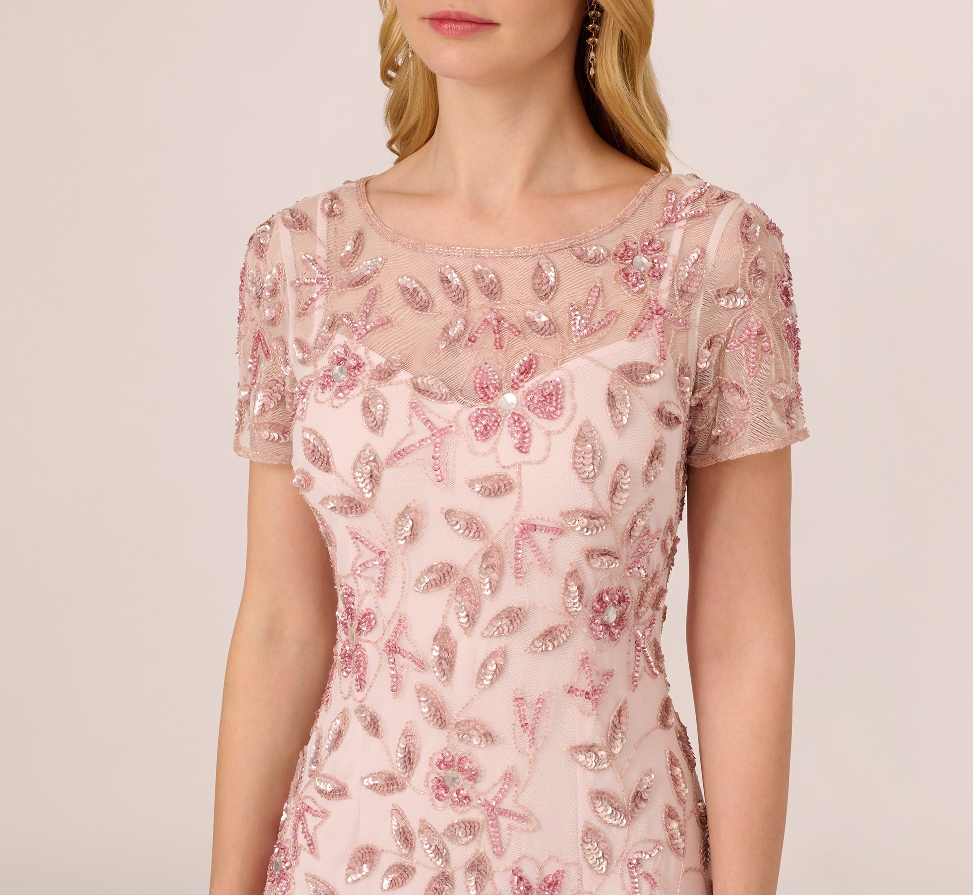 Hand Beaded Short Sleeve Floral Godet Gown In Blush Pink