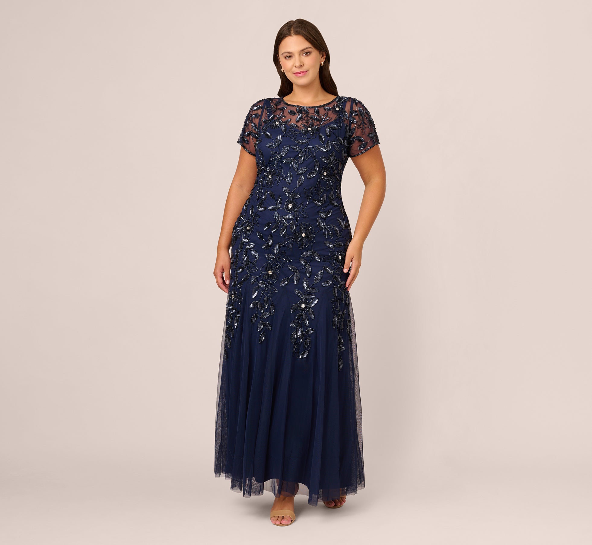 Plus Size Hand Beaded Short Sleeve Floral Godet Gown In Light Navy 1