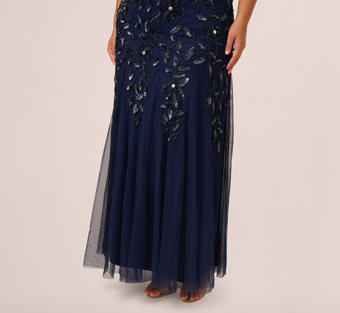 Plus Size Hand Beaded Short Sleeve Floral Godet Gown In Light Navy