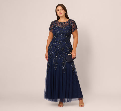 Plus Size Hand Beaded Short Sleeve Floral Godet Gown In Light Navy