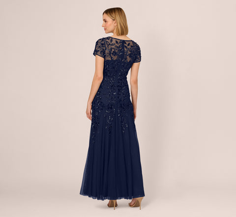 Hand Beaded Short Sleeve Floral Godet Gown In Light Navy