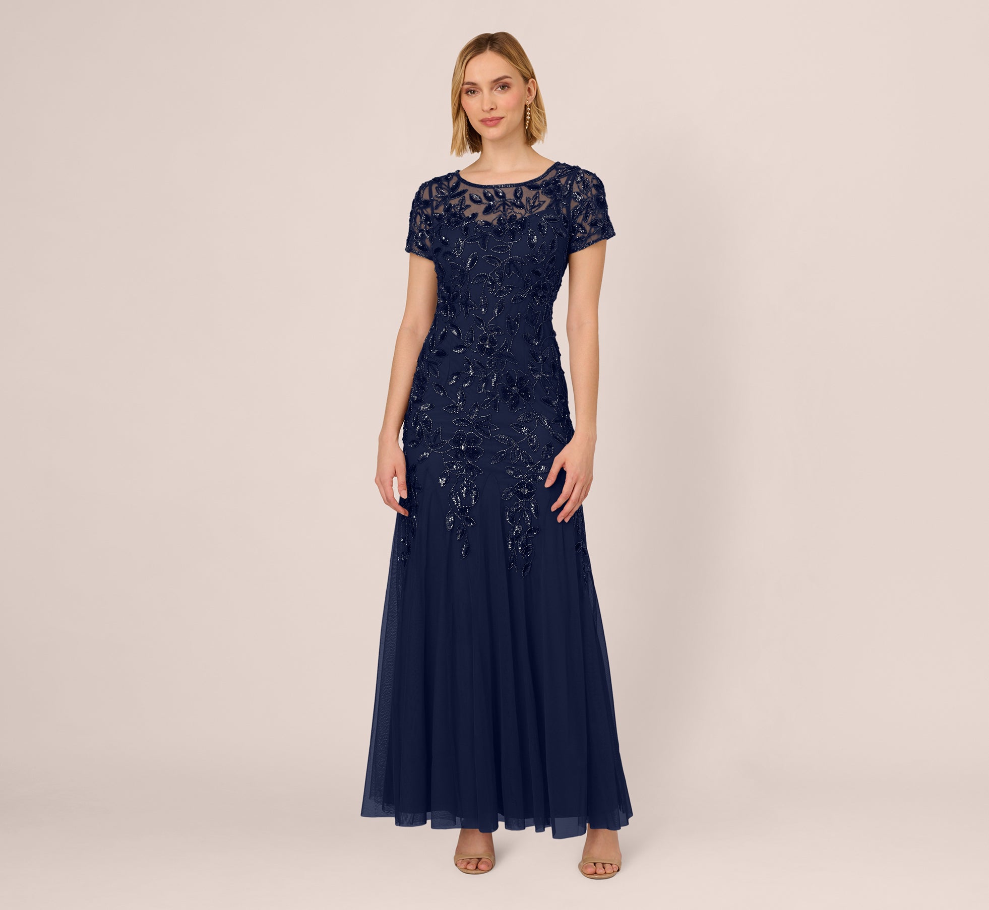 Hand Beaded Short Sleeve Floral Godet Gown In Light Navy 1