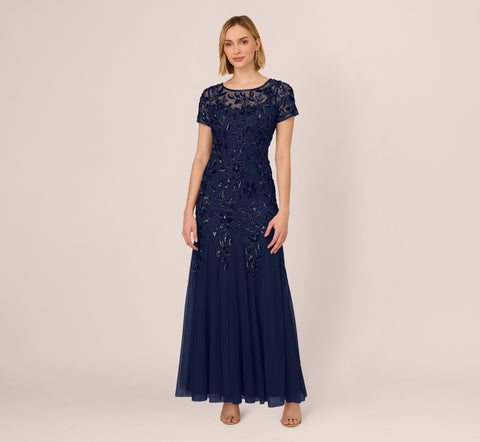 Hand Beaded Short Sleeve Floral Godet Gown In Light Navy