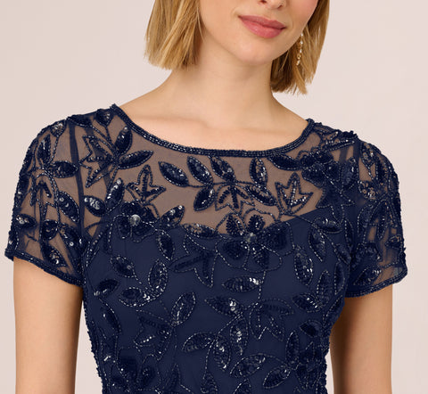 Hand Beaded Short Sleeve Floral Godet Gown In Light Navy