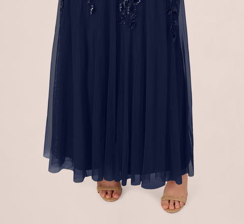 Hand Beaded Short Sleeve Floral Godet Gown In Light Navy