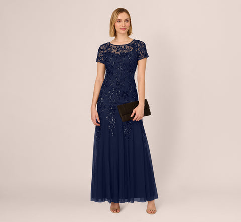 Hand Beaded Short Sleeve Floral Godet Gown In Light Navy