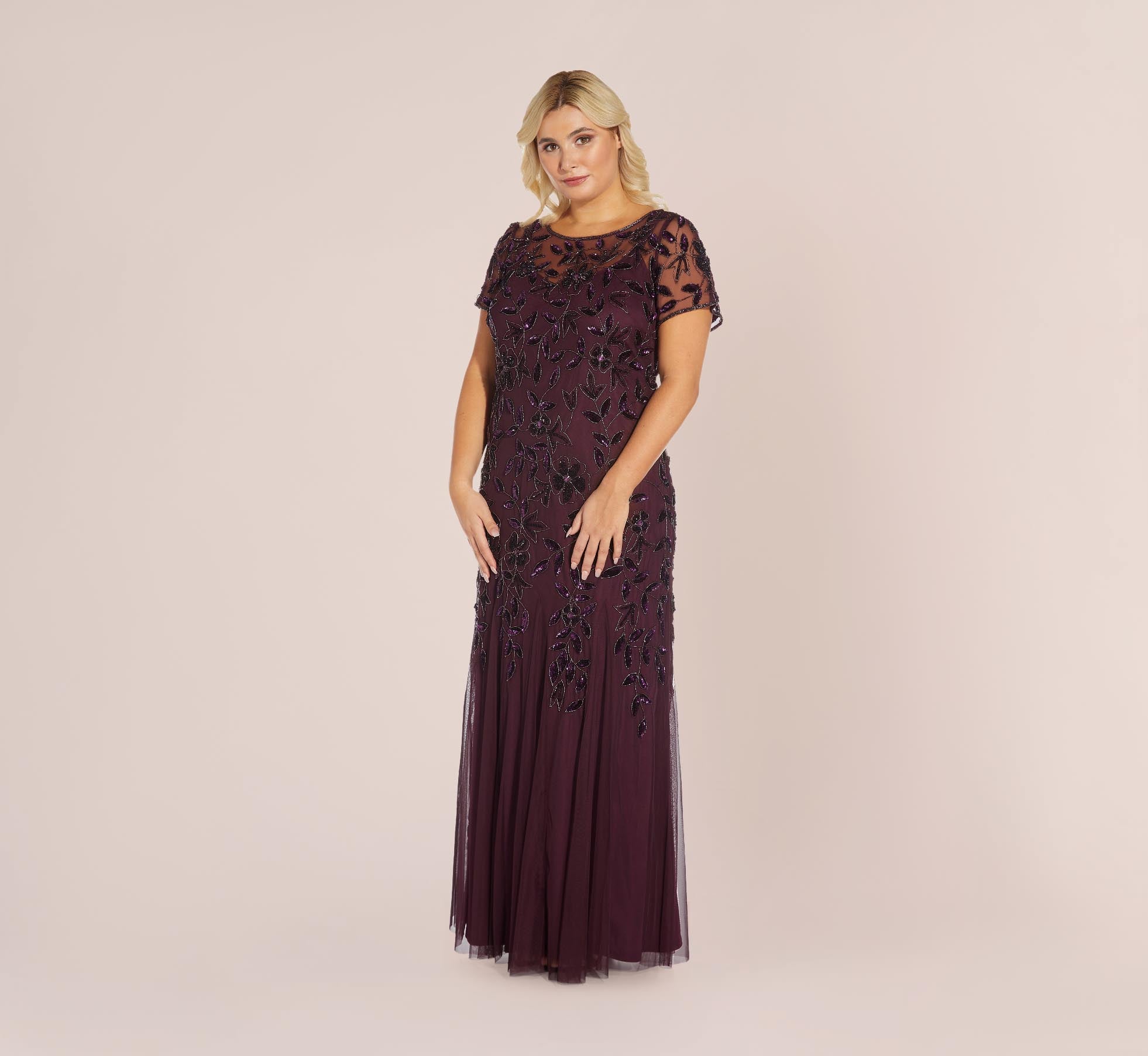Plus Size Hand Beaded Short Sleeve Floral Godet Gown In Night Plum