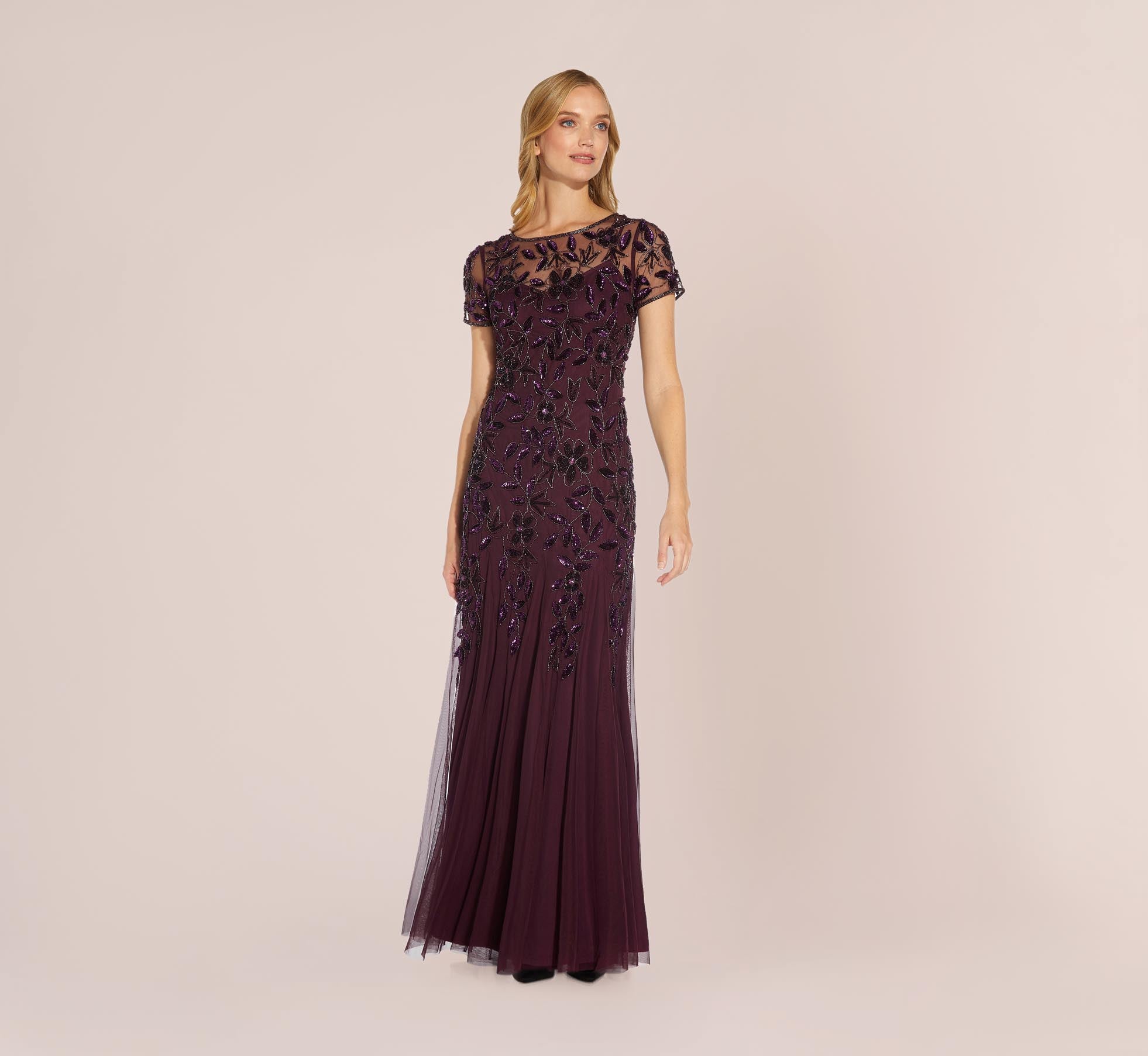 Hand Beaded Short Sleeve Floral Godet Gown In Night Plum