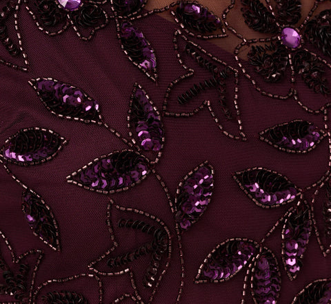 Hand Beaded Short Sleeve Floral Godet Gown In Night Plum