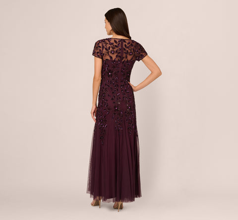 Hand Beaded Short Sleeve Floral Godet Gown In Night Plum