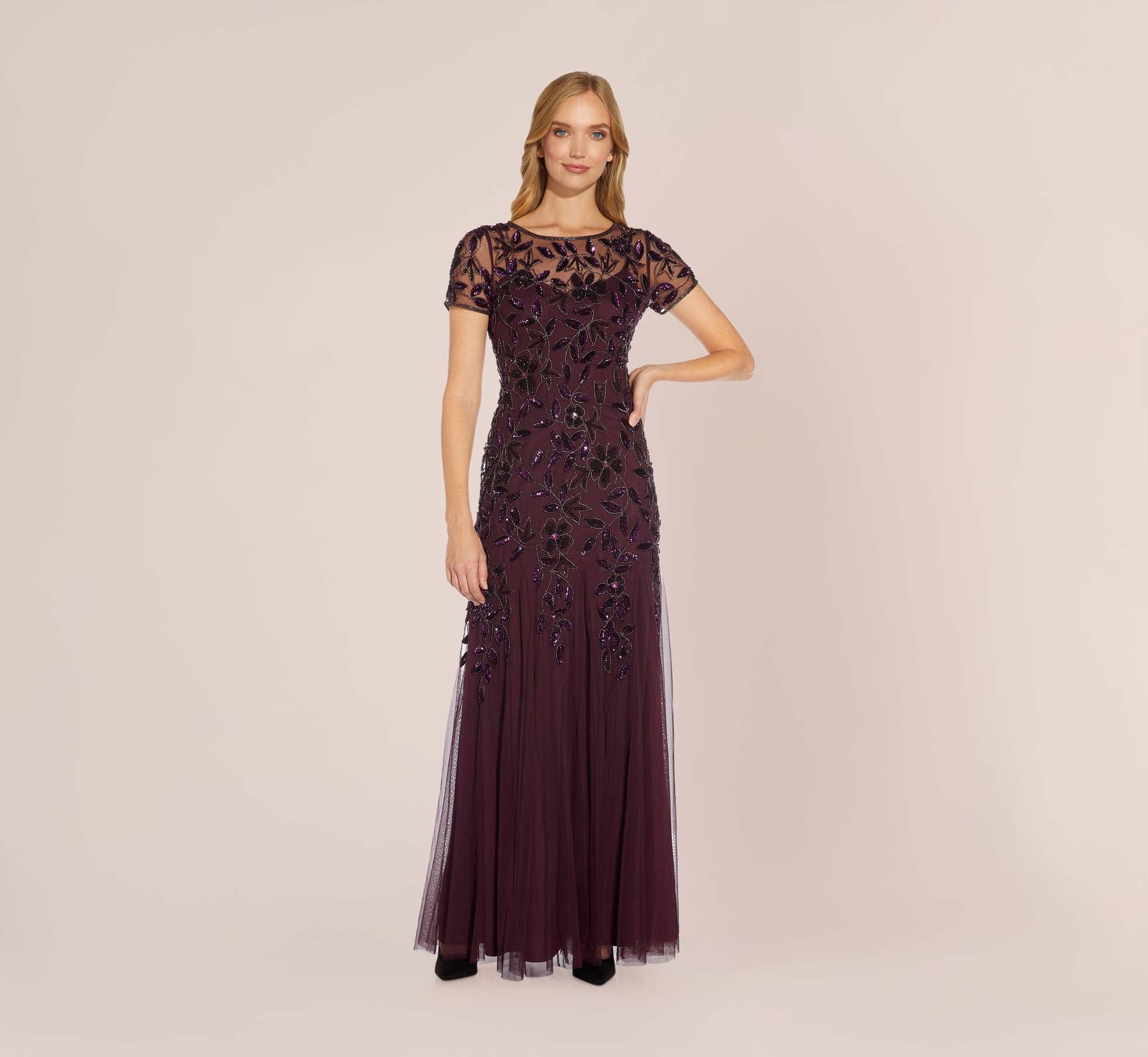 Hand Beaded Short Sleeve Floral Godet Gown In Night Plum