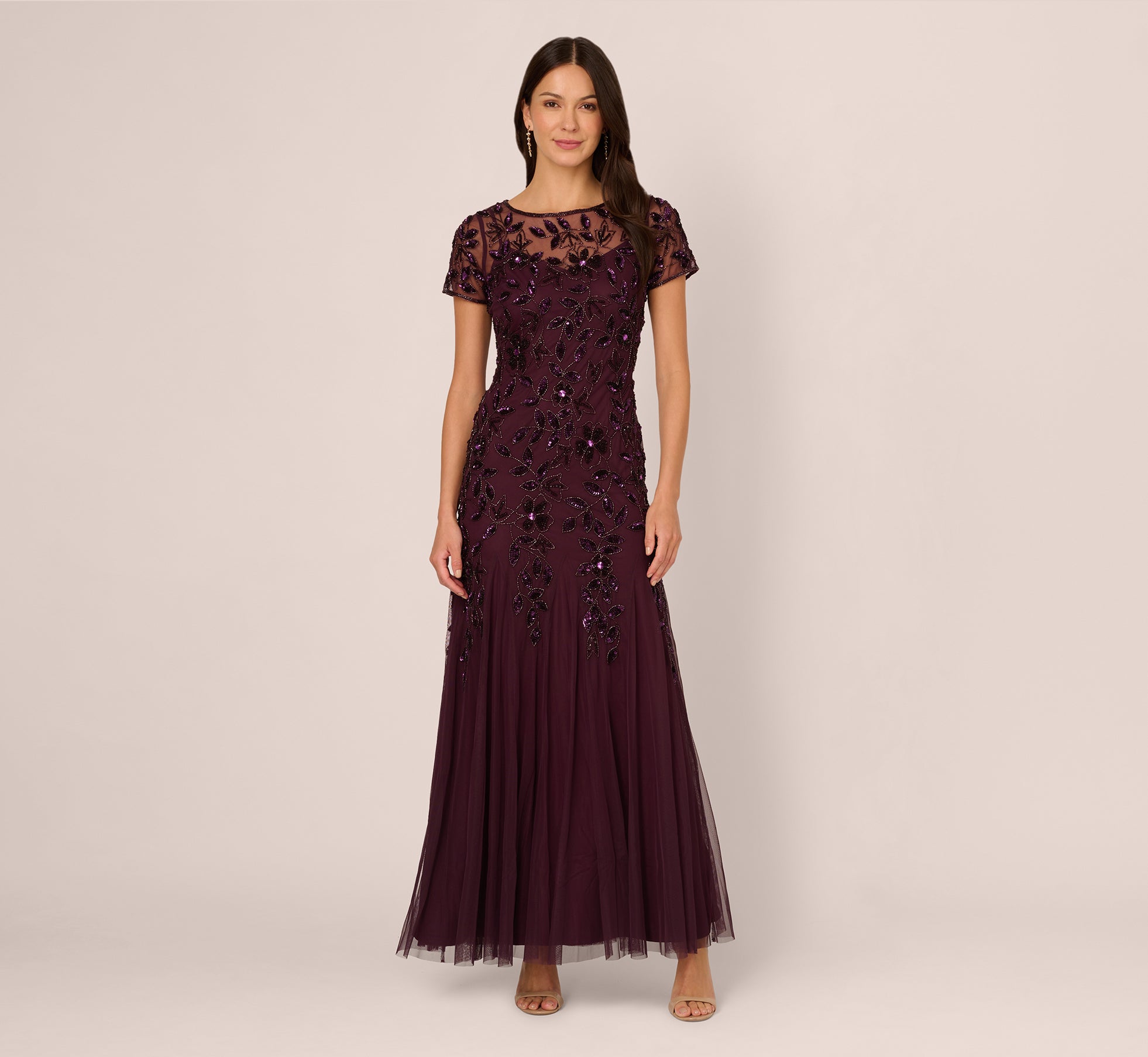 Hand Beaded Short Sleeve Floral Godet Gown In Night Plum 1