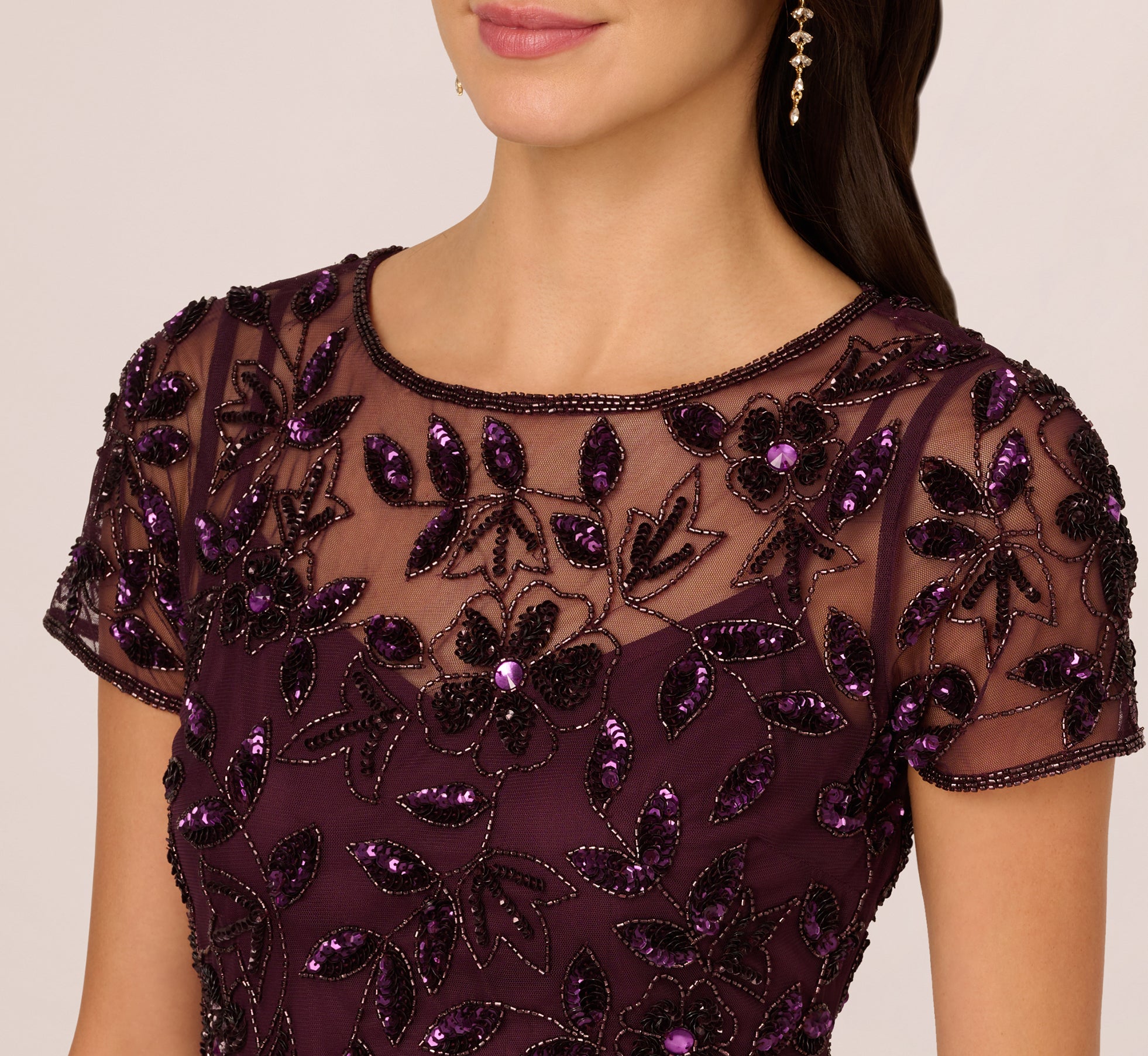 Hand Beaded Short Sleeve Floral Godet Gown In Night Plum – Adrianna Papell