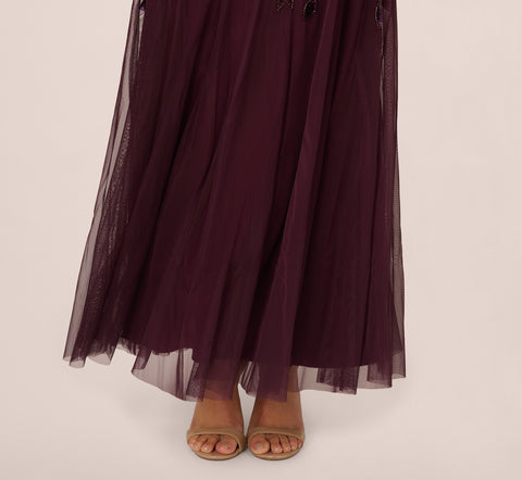 Hand Beaded Short Sleeve Floral Godet Gown In Night Plum