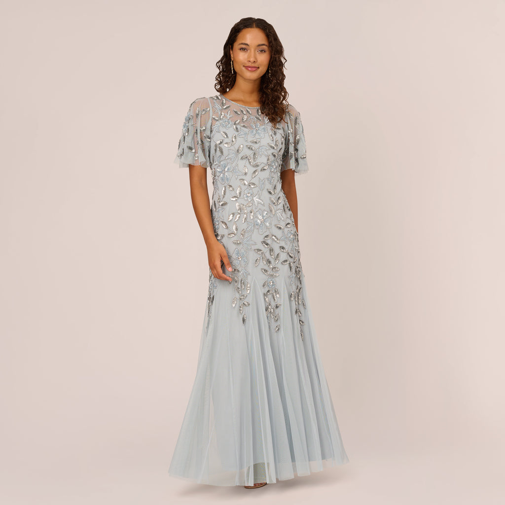 Long Floral Beaded Gown With Flutter Sleeves In Blue Heather | Adrianna ...