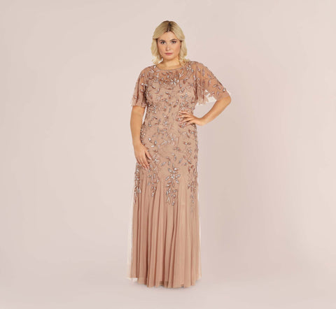 Plus Size Long Floral Beaded Gown With Flutter Sleeves In Rose Gold