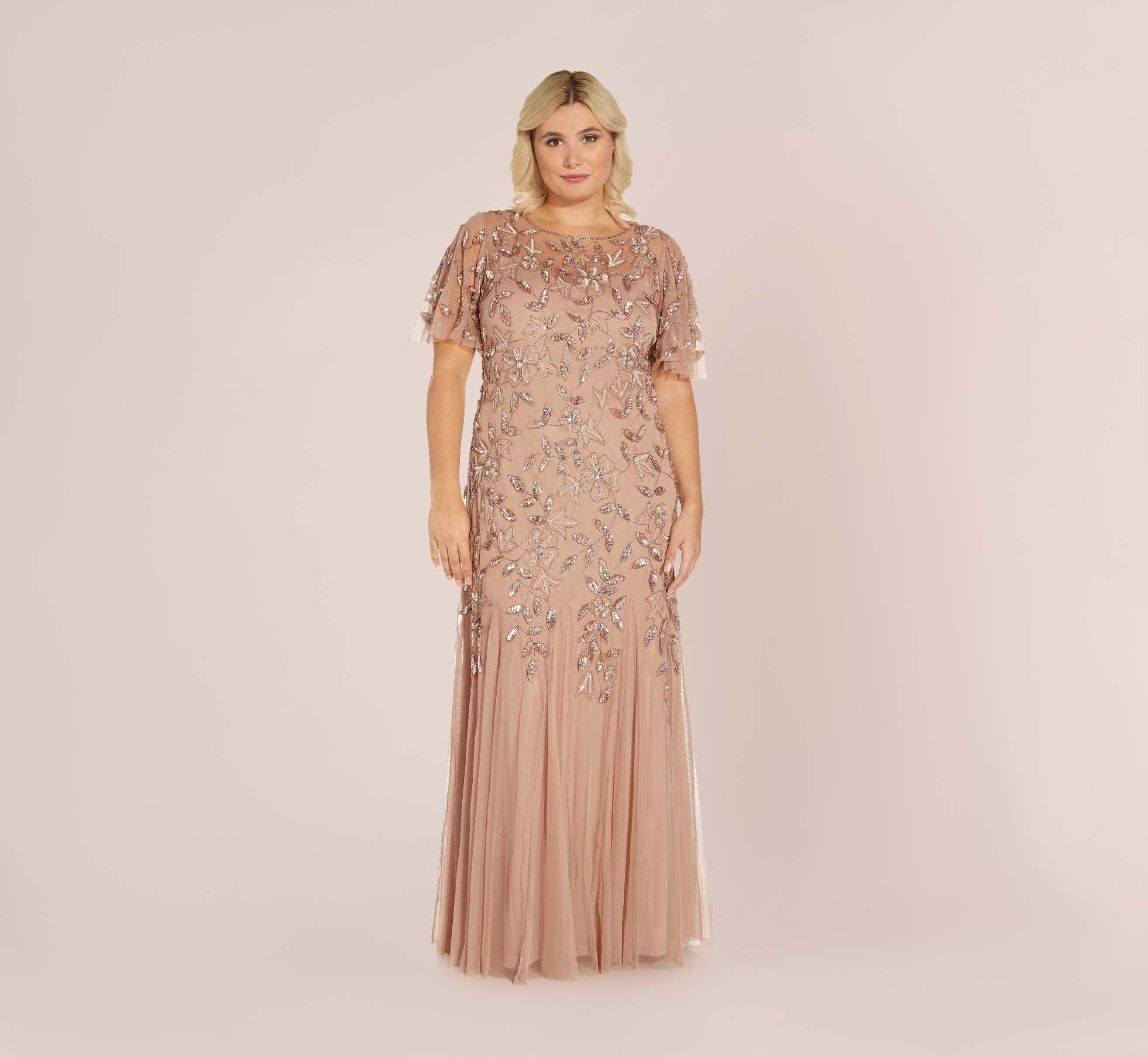 Plus Size Long Floral Beaded Gown With Flutter Sleeves In Rose