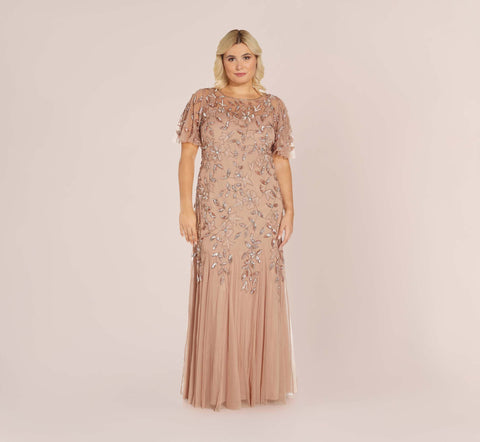 Plus Size Long Floral Beaded Gown With Flutter Sleeves In Rose Gold