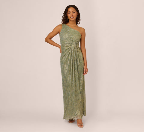 Stardust Pleated Draped One Shoulder Gown In Green Slate