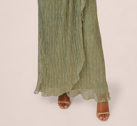 Stardust Pleated Draped One Shoulder Gown In Green Slate
