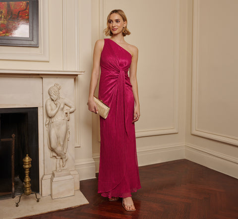 Stardust Pleated Draped One Shoulder Gown In Magenta