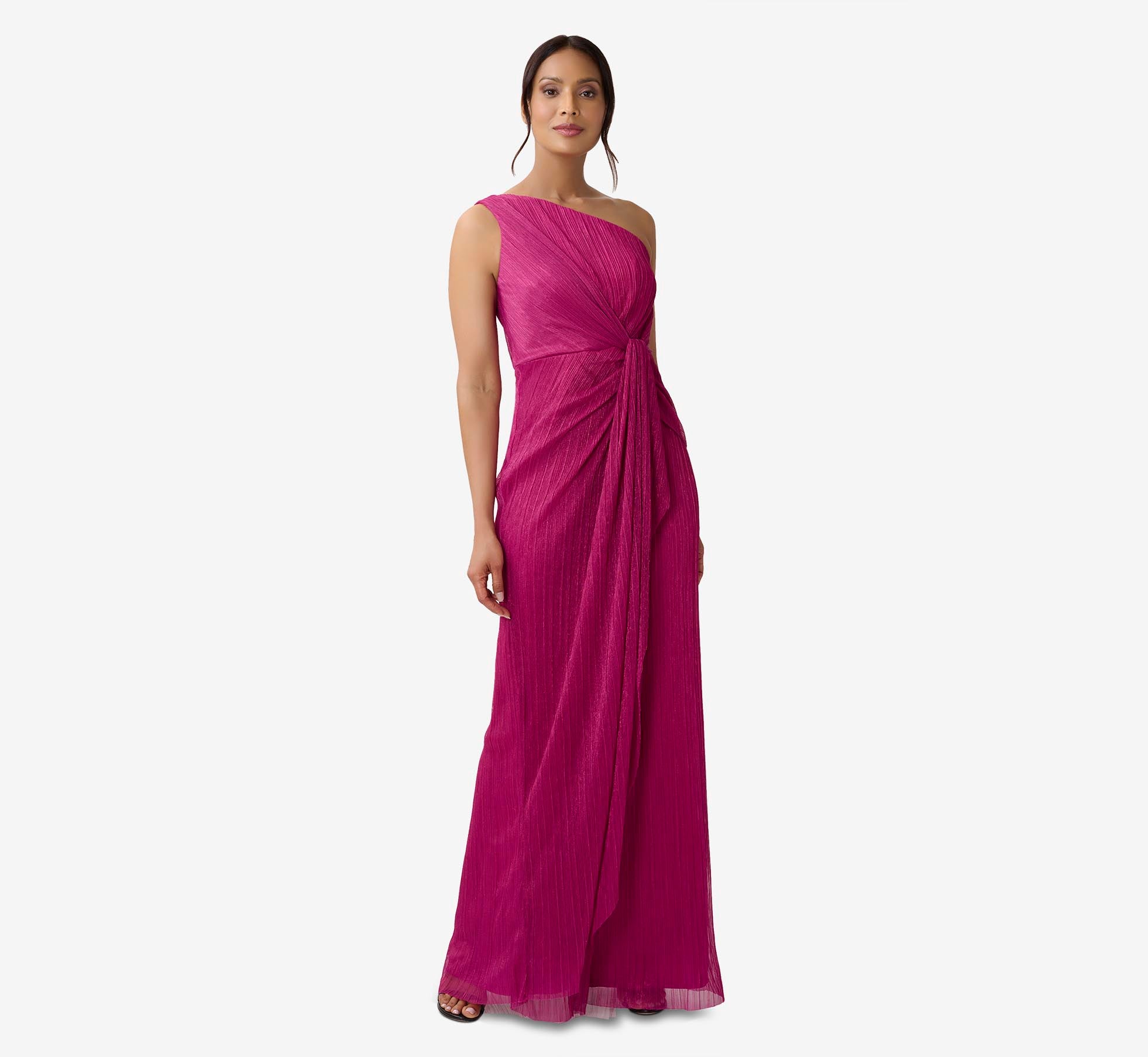 Stardust Pleated Draped One Shoulder Gown In Magenta Adrianna