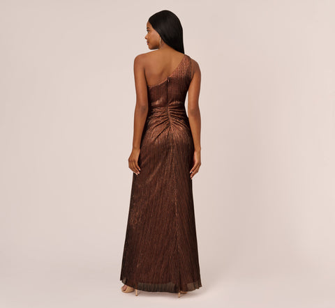 Stardust Pleated Draped One Shoulder Gown In Copper