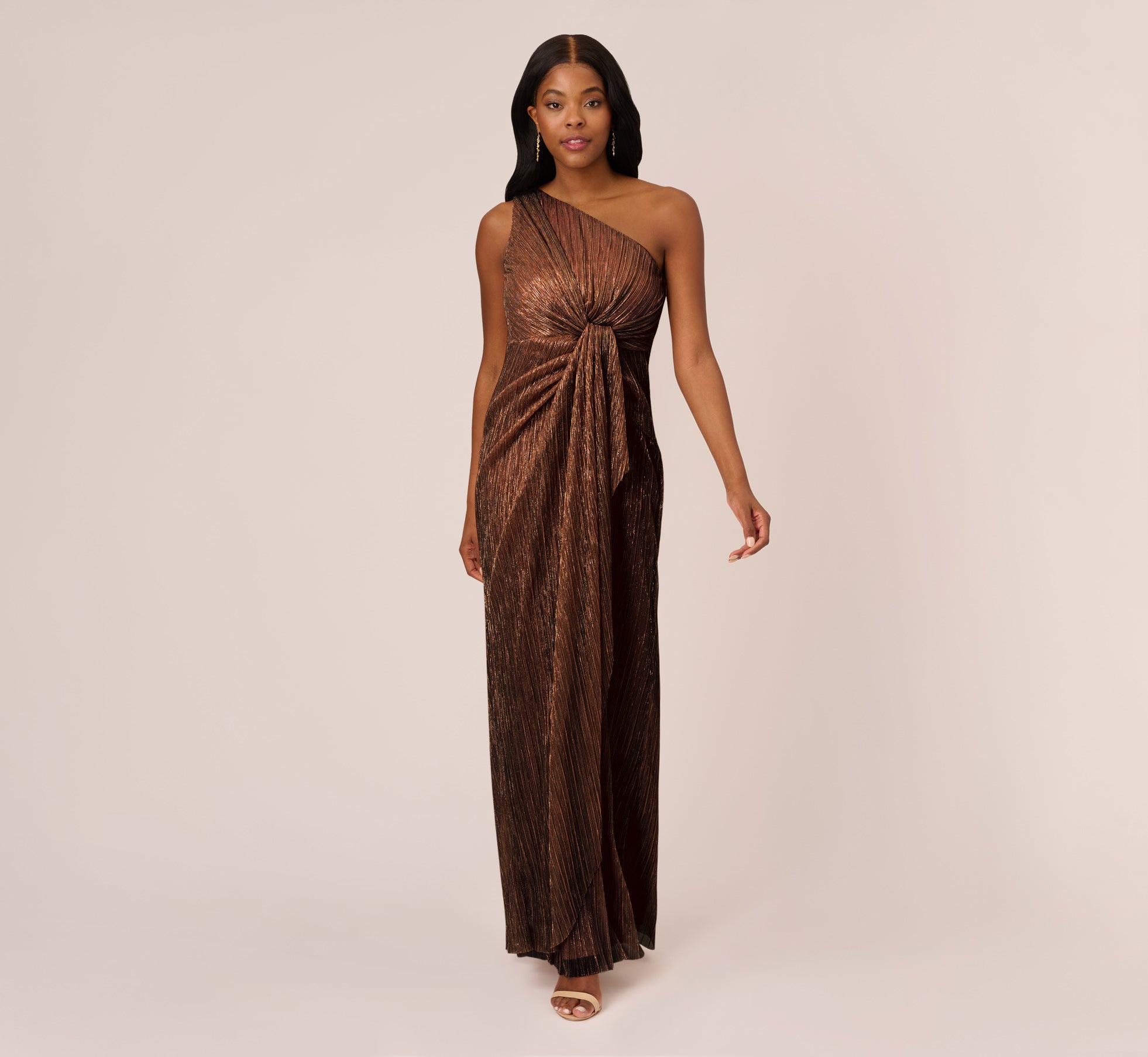 Adrianna Papell Stardust Pleated Draped One Shoulder Gown Copper Size 12