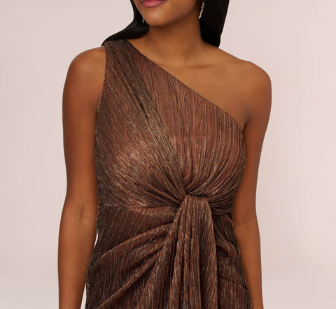 Stardust Pleated Draped One Shoulder Gown In Copper