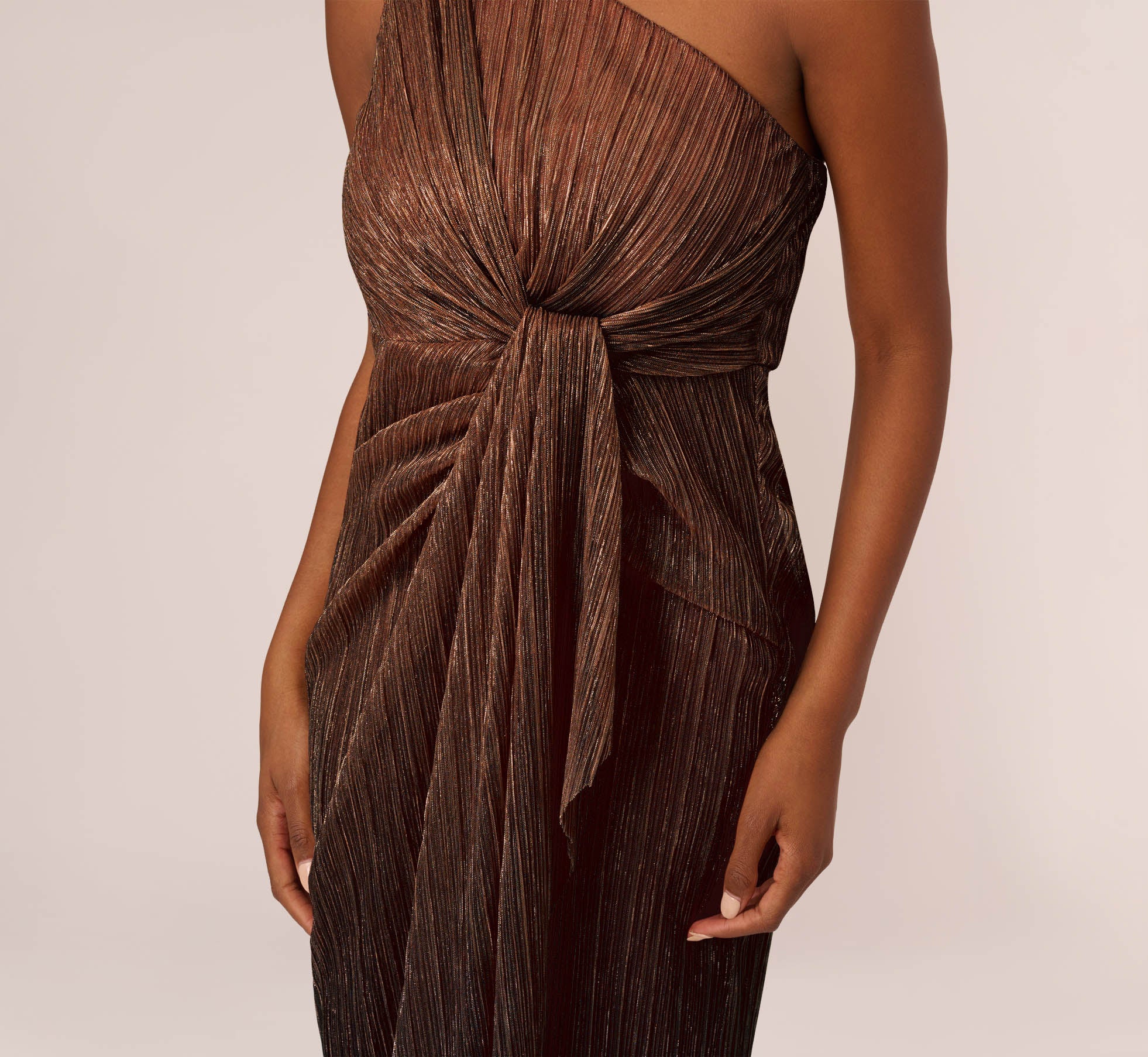 Stardust Pleated Draped One Shoulder Gown In Copper Adrianna Papell