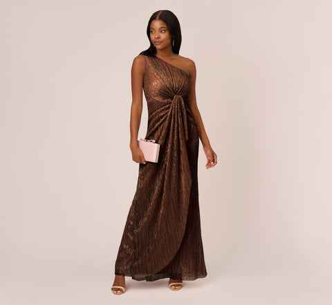 Stardust Pleated Draped One Shoulder Gown In Copper