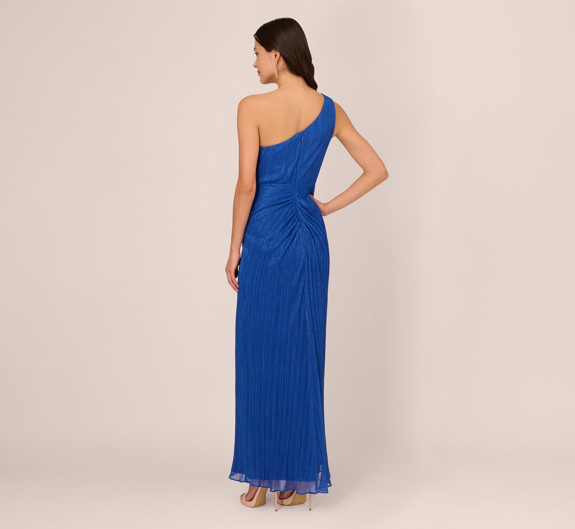 Stardust Pleated Draped One Shoulder Gown In Brilliant Sapphire