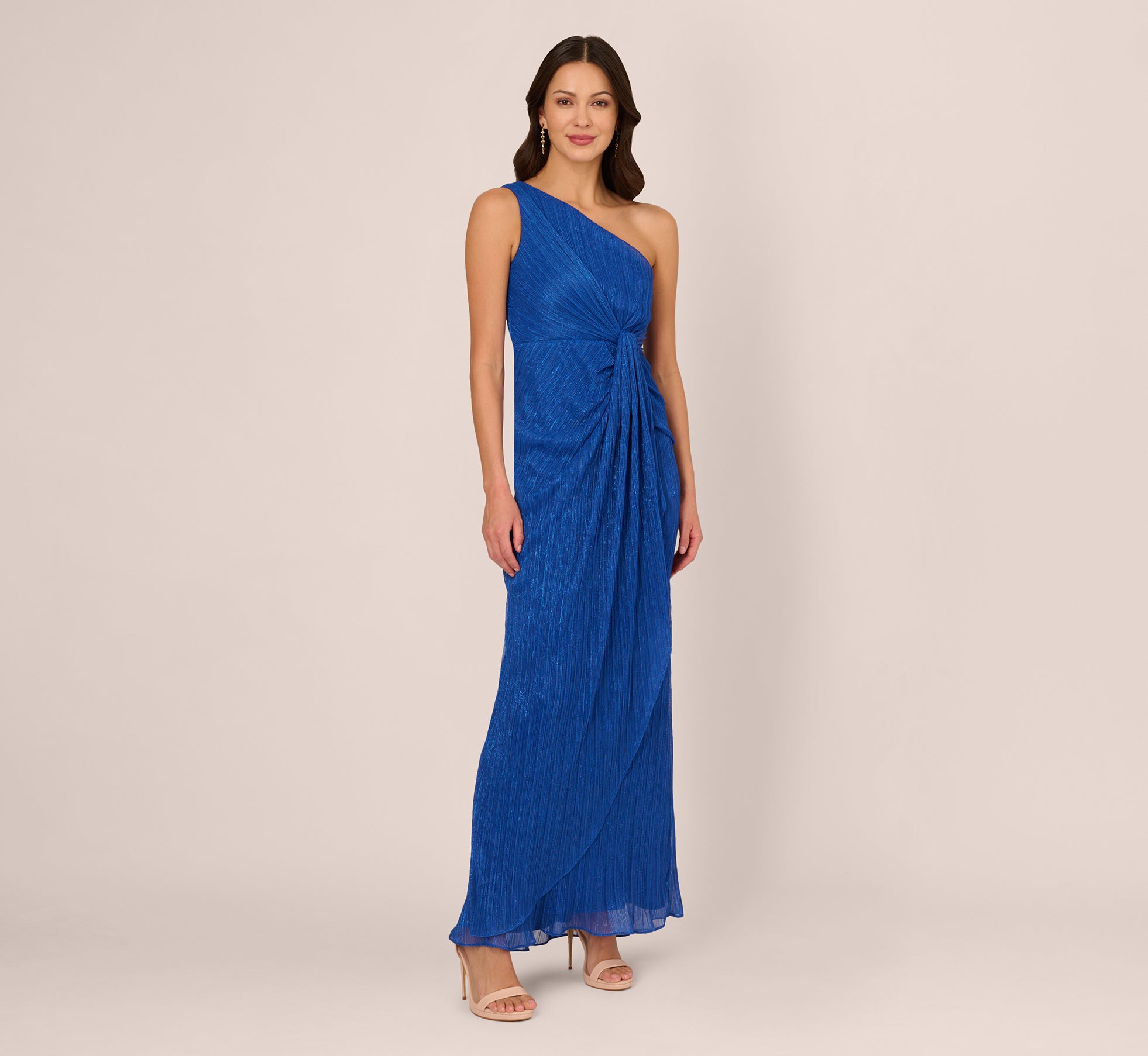 Stardust Pleated Draped One Shoulder Gown In Brilliant Sapphire