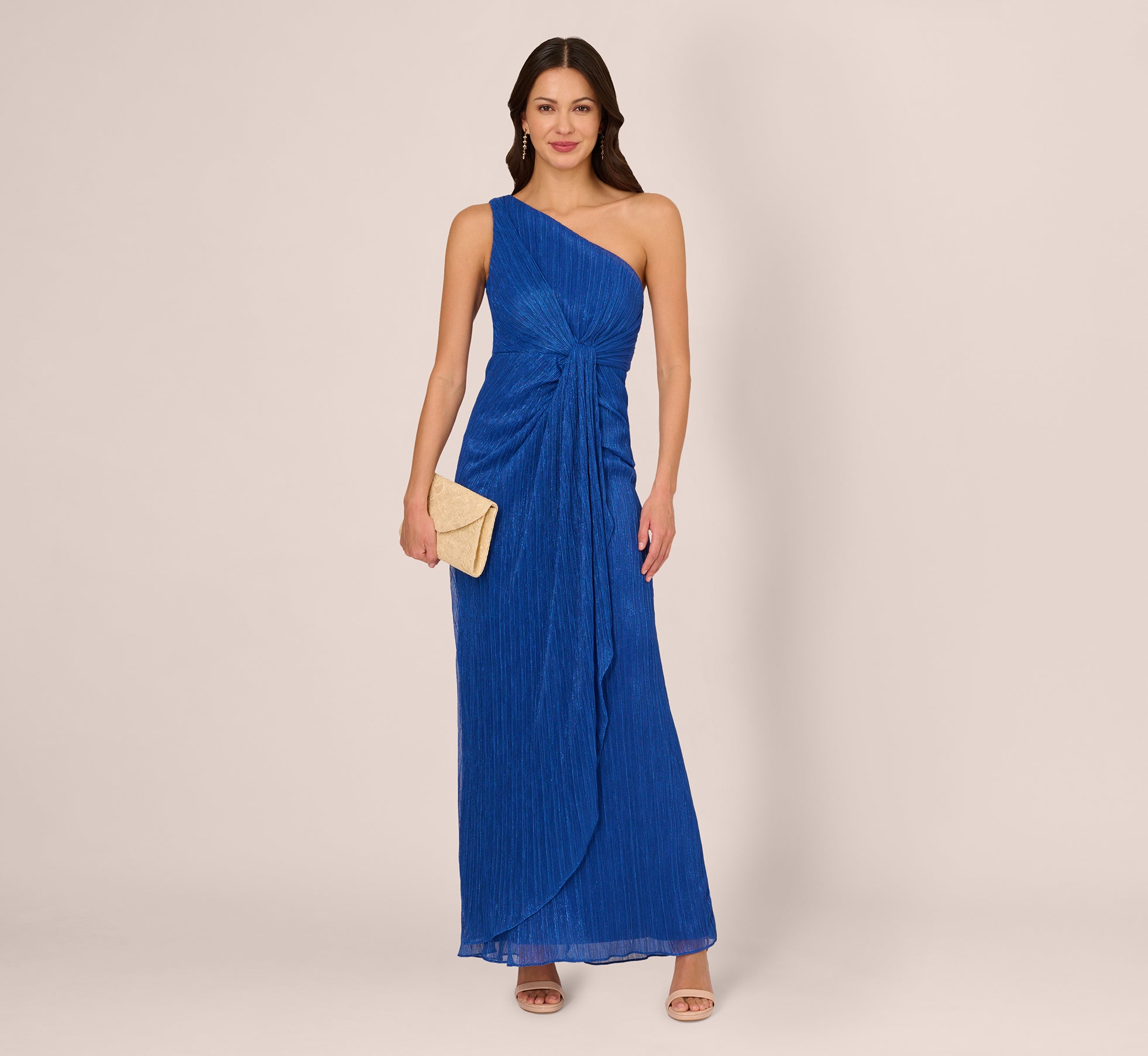 Stardust Pleated Draped One Shoulder Gown In Brilliant Sapphire