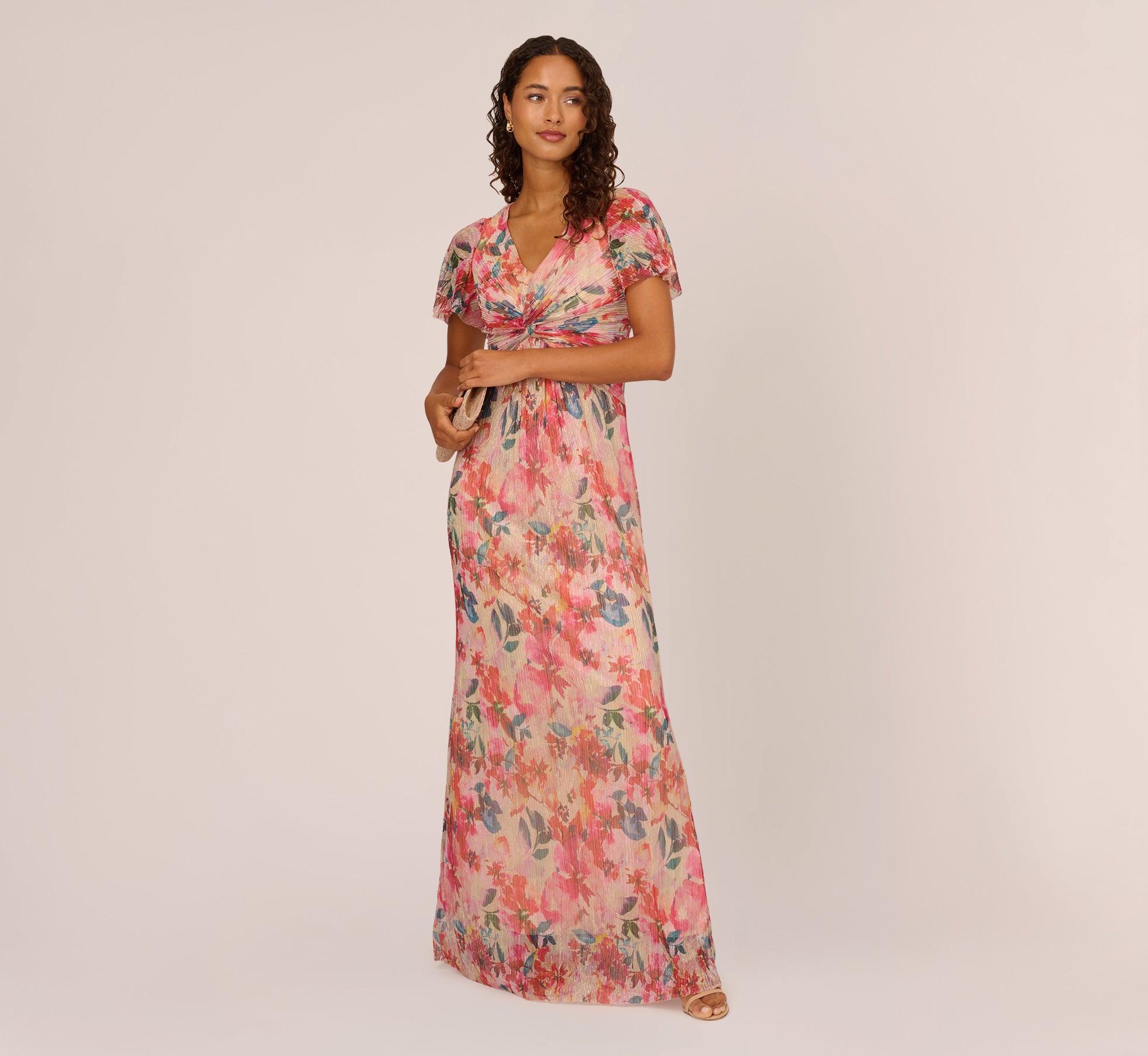 Floral-Print Metallic Twist Front Long Gown With Flutter Sleeves