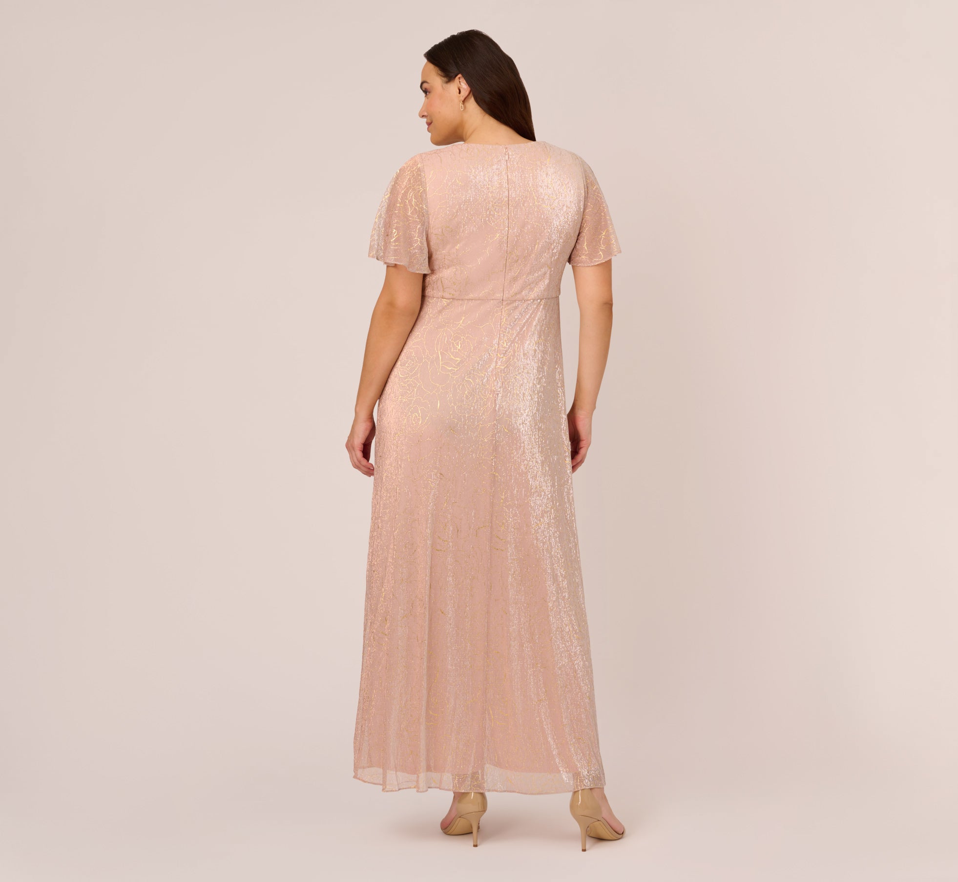 Plus Size Metallic Mesh Draped Gown In Rose Gold Adrianna Papell