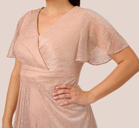 Plus Size Metallic Mesh Draped Gown In Rose Gold